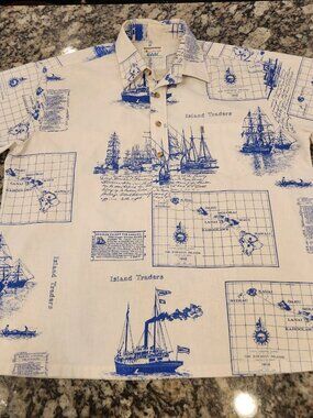 Kahala Hawaiian Vintage White With Blue Clipper Ships / Maps Print Shirt Size XL
